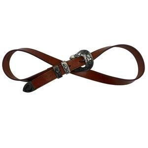 Vintage Another Line Leather Belt Western Engraved Buckle Tan Brown Size 30